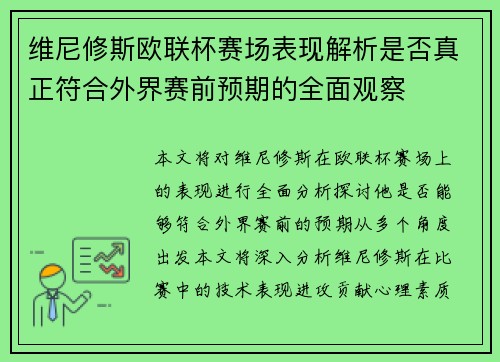 维尼修斯欧联杯赛场表现解析是否真正符合外界赛前预期的全面观察